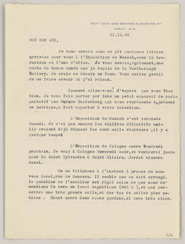 Daniel-Henry Kahnweiler's letter to Pablo Picasso, dated 21 December 1955