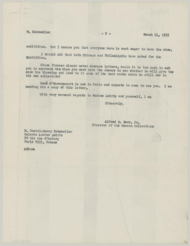 Alfred H. Barr Jr.'s letter to Daniel-Henry Kahnweiler, dated 11 March 1955