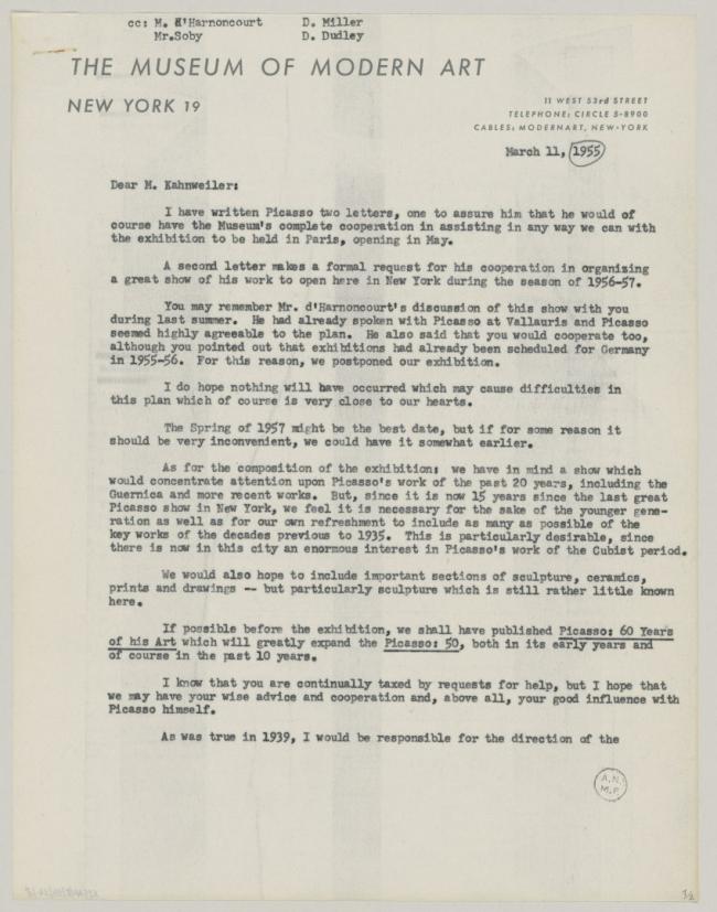 Alfred H. Barr Jr.'s letter to Daniel-Henry Kahnweiler, dated 11 March 1955