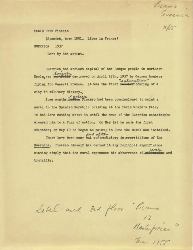 Anotaciones de la cartela para Picasso: 12 Masterworks