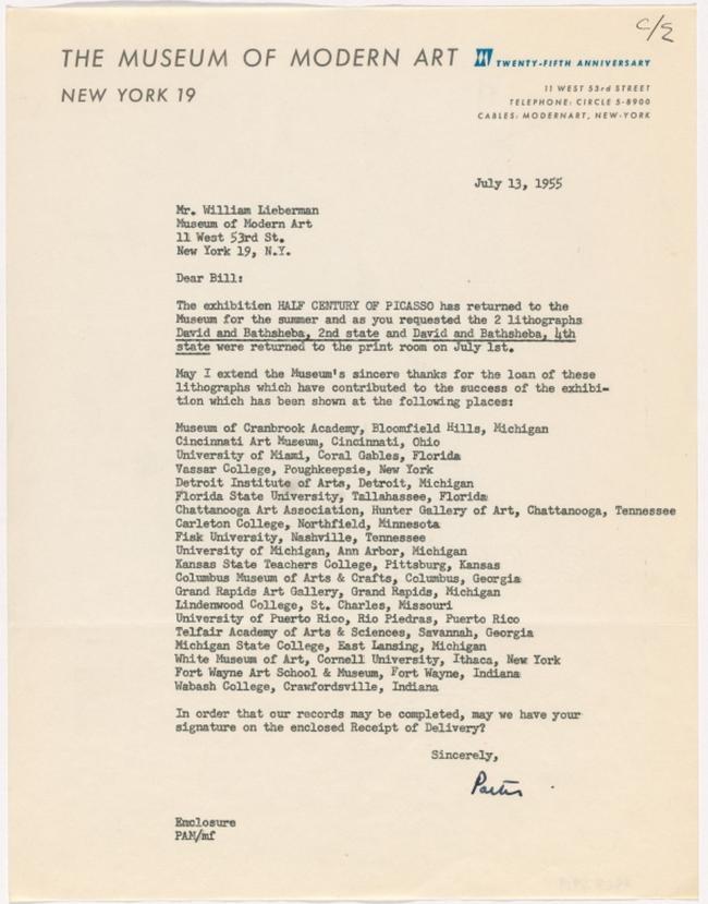 Carta interna del Museum of Modern Art de Nueva York a William S. Lieberman
