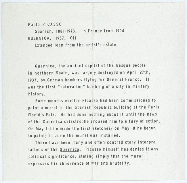 Cartela del Museum of Modern Art de Nueva York para Guernica