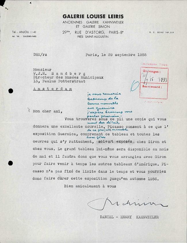 Daniel-Henry Kahnweiler's letter to Willem Sandberg, dated 29 September 1955