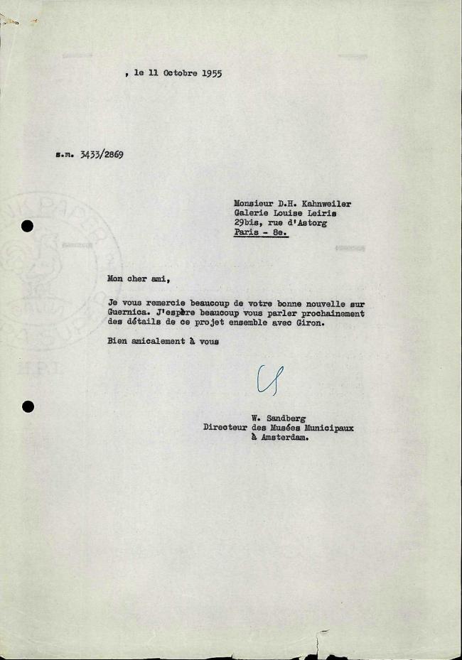 Carta de Willem Sandberg a Daniel-Henry Kahnweiler del 11 de octubre de 1955