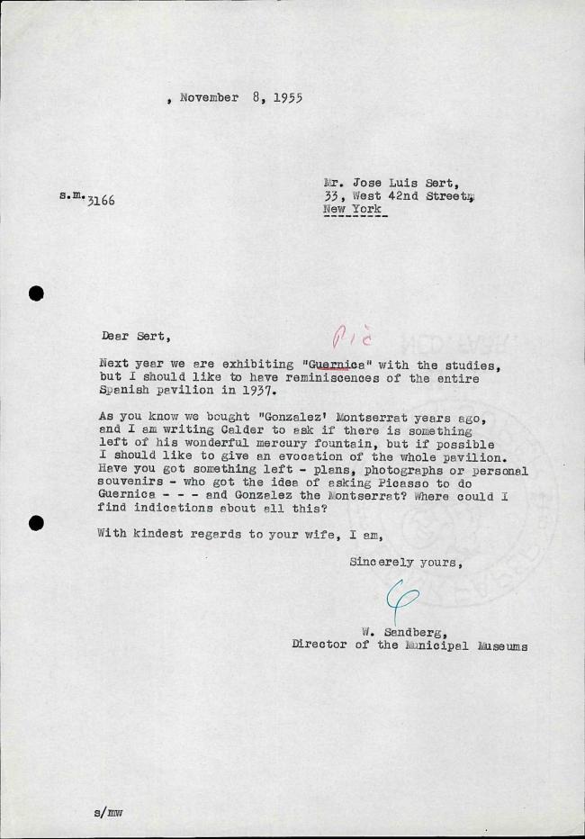 Carta de Willem Sandberg a Josep Lluís Sert