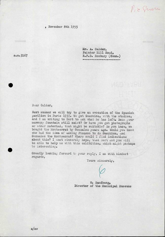 Carta de Willem Sandberg a Alexander Calder del 8 de noviembre de 1955