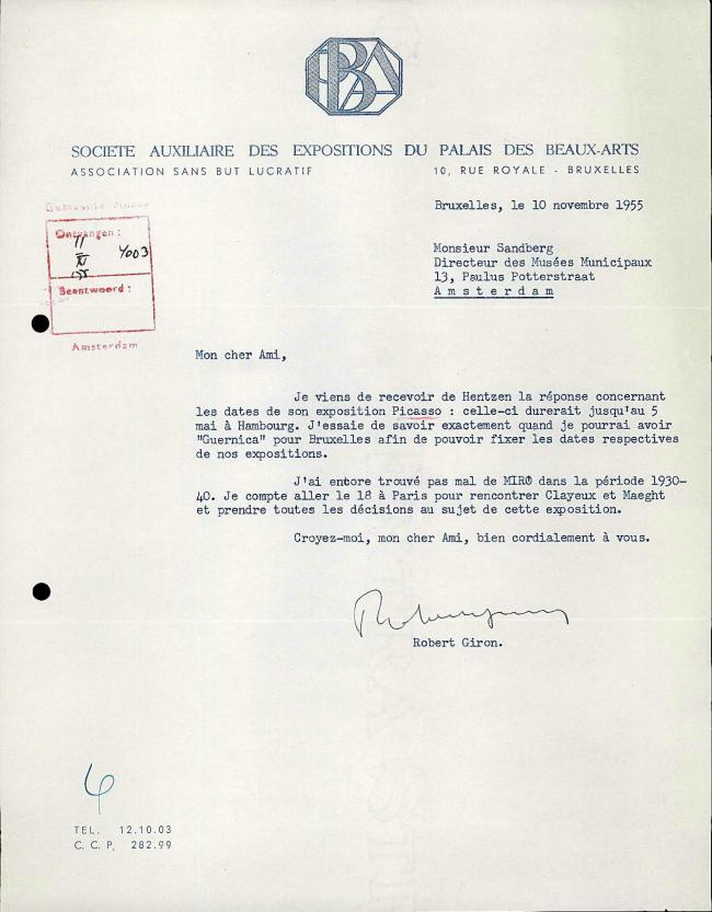 Carta de Robert Giron a Willem Sandberg del 10 de noviembre de 1955