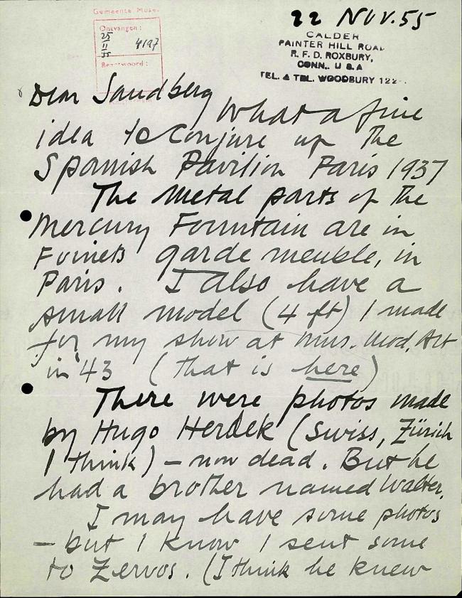 Carta de Alexander Calder a Willem Sandberg del 22 de noviembre de 1955