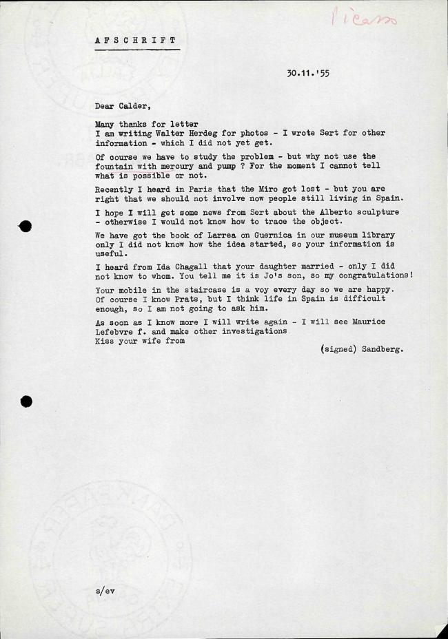 Willem Sandberg's letter to Alexander Calder, dated 30 November 1955