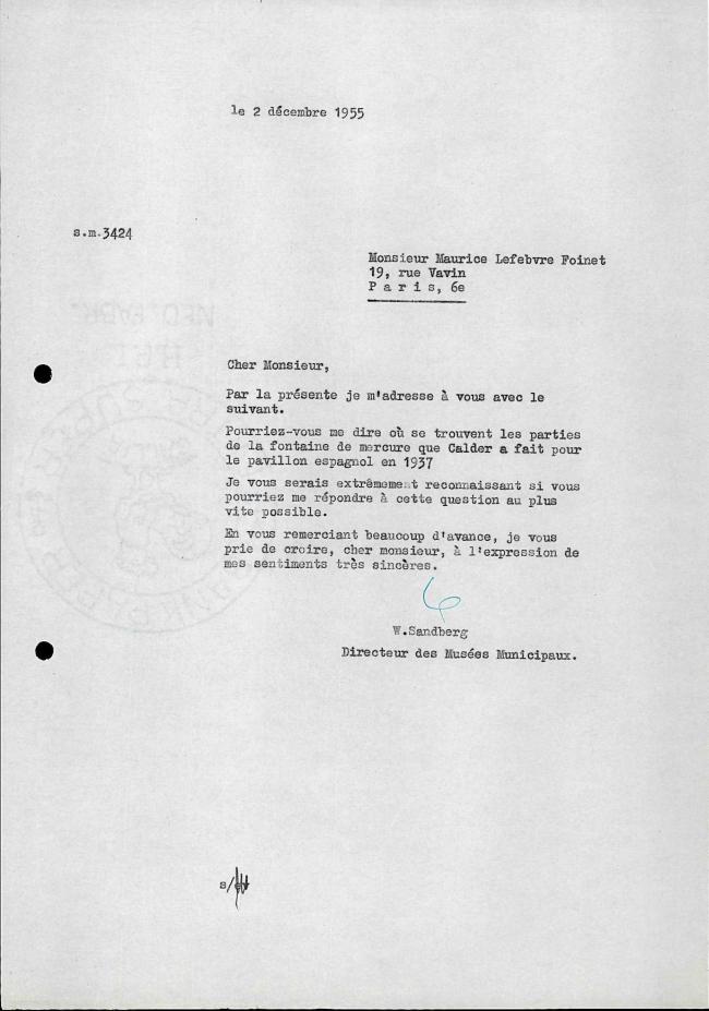 Willem Sandberg's letter to Maurice Lefebvre-Foinet, dated 2 December 1955