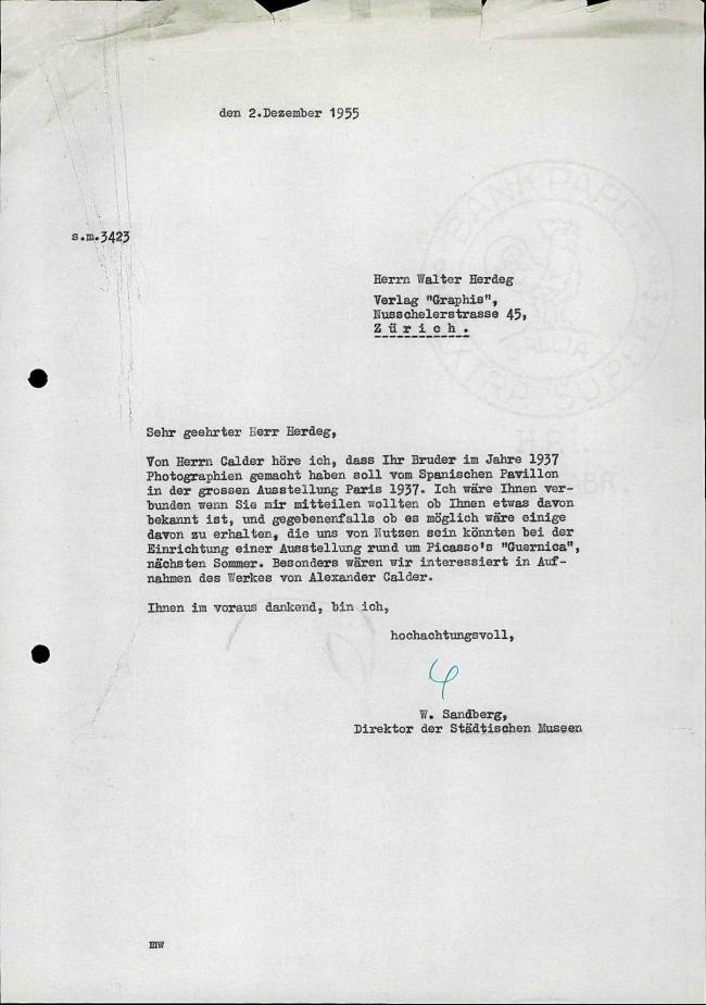 Willem Sandberg's letter to Walter Herdeg