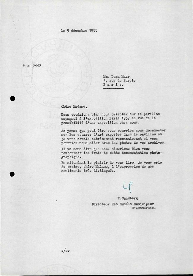 Carta de Willem Sandberg a Dora Maar del 3 de diciembre de 1955