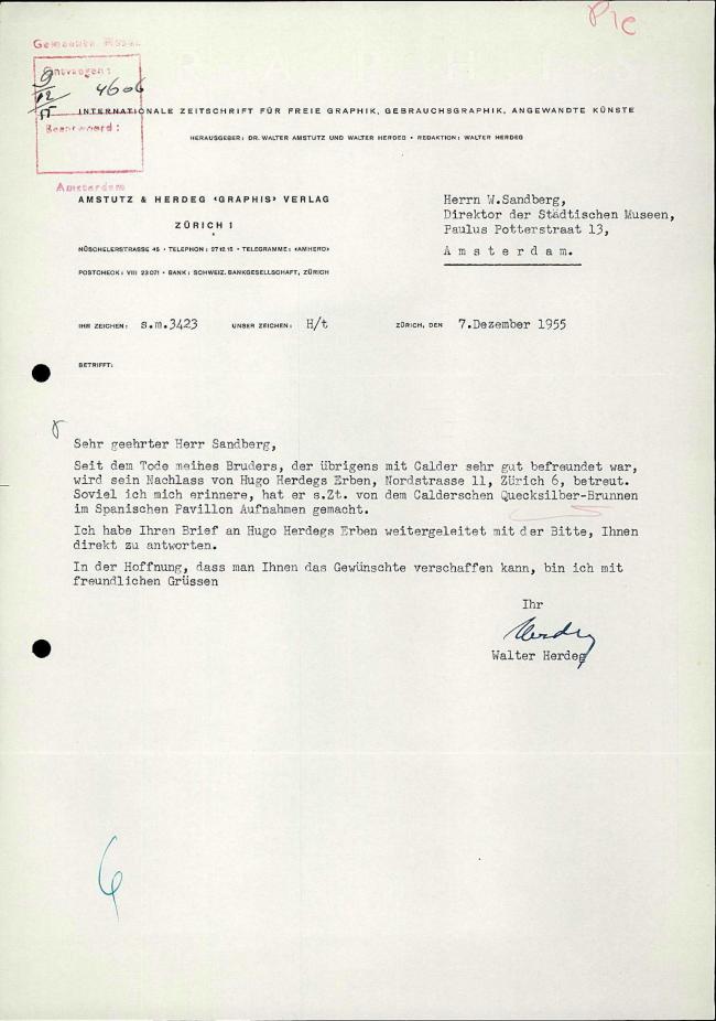 Carta de Walter Herdeg a Willem Sandberg