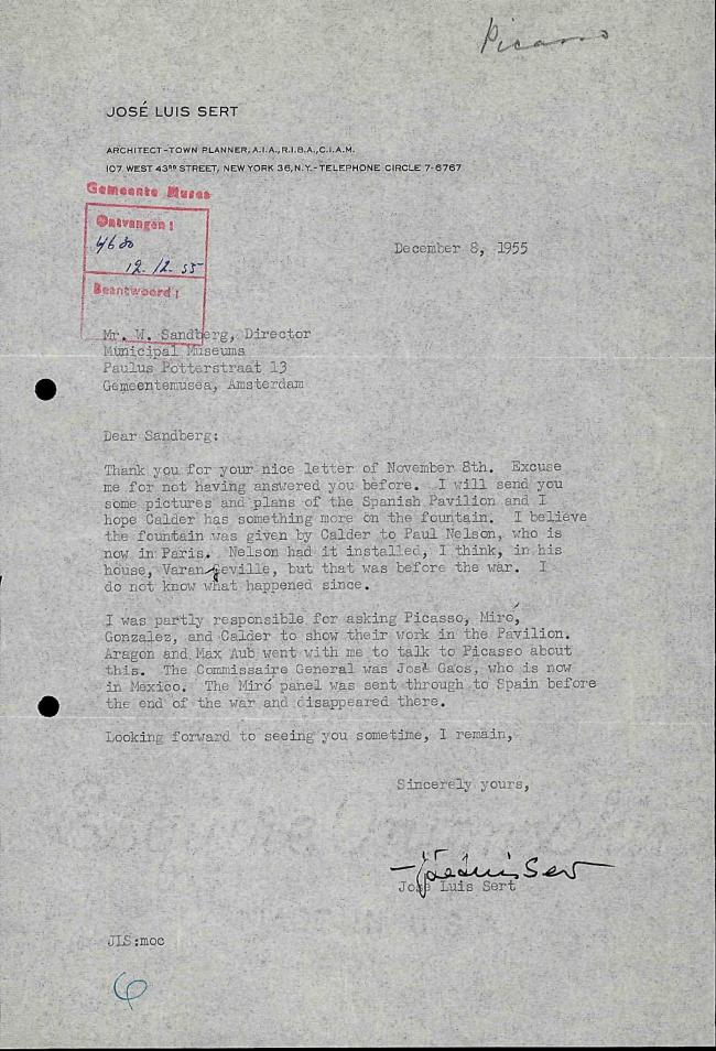 Carta de Josep Lluís Sert a Willem Sandberg