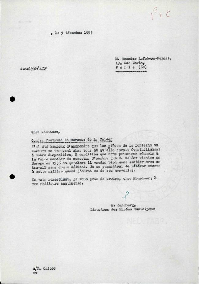 Carta de Willem Sandberg a Maurice Lefebvre-Foinet del 9 de diciembre de 1955