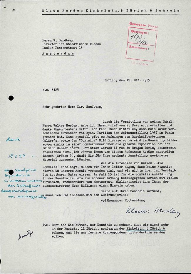 Carta de Klaus Herdeg a Willem Sandberg