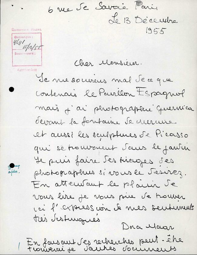 Carta de Dora Maar a Willem Sandberg