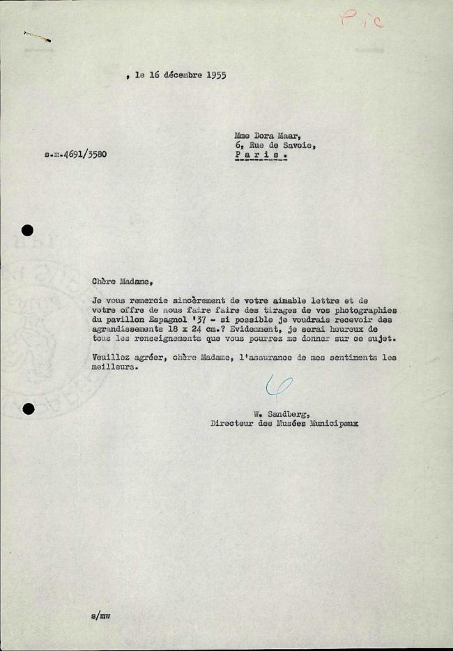 Carta de Willem Sandberg a Dora Maar del 16 de diciembre de 1955