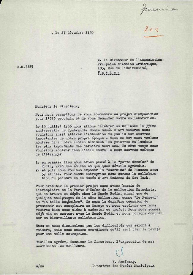 Carta de Willem Sandberg a l'Association Française d'Action Artistique