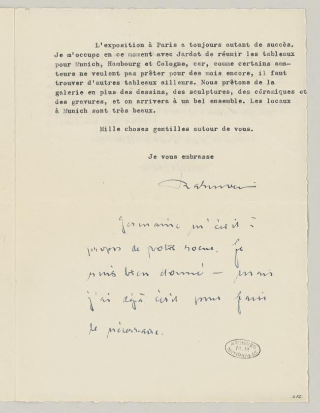  Carta de Daniel-Henry Kahnweiler a Pablo Picasso de 1955