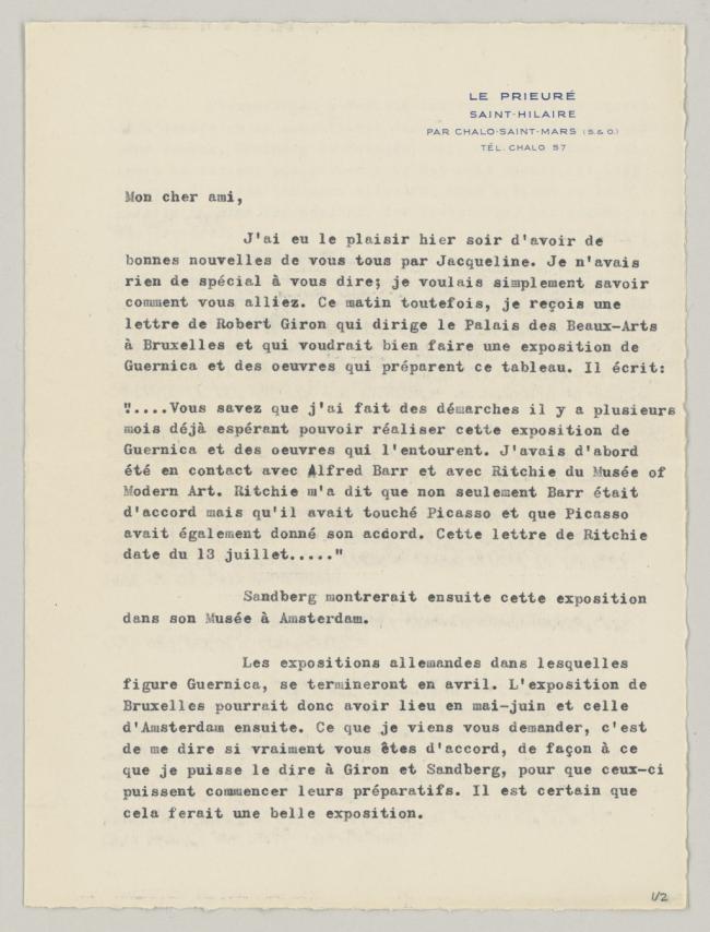  Carta de Daniel-Henry Kahnweiler a Pablo Picasso de 1955