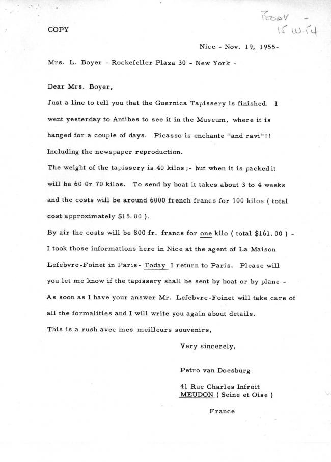 Carta de Nelly Van Doesburg a Louise A. Boyer del 19 de noviembre de 1955