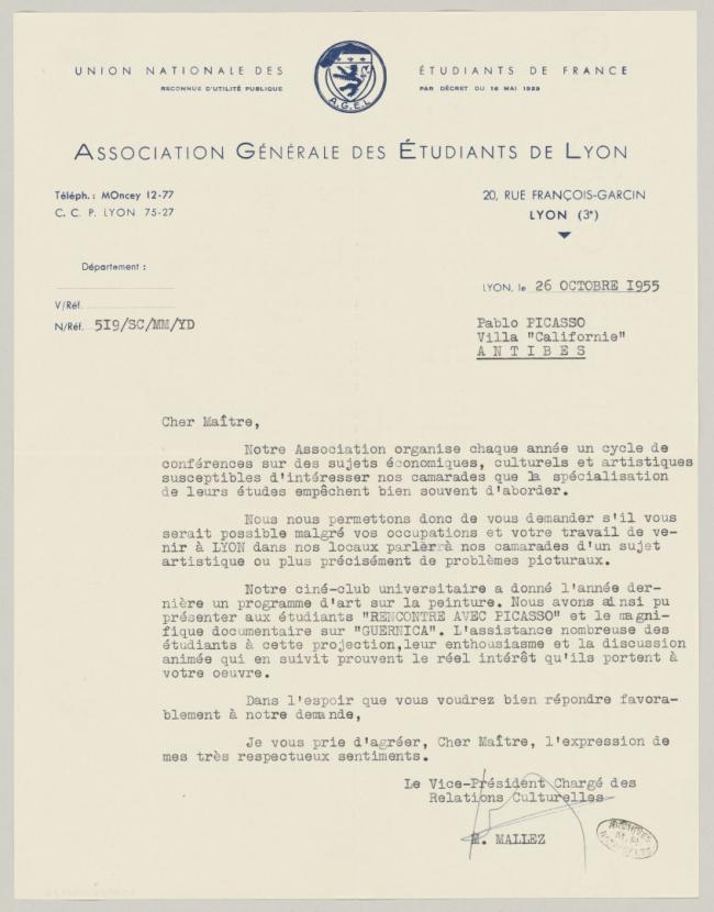 Carta de M. Mallez a Pablo Picasso