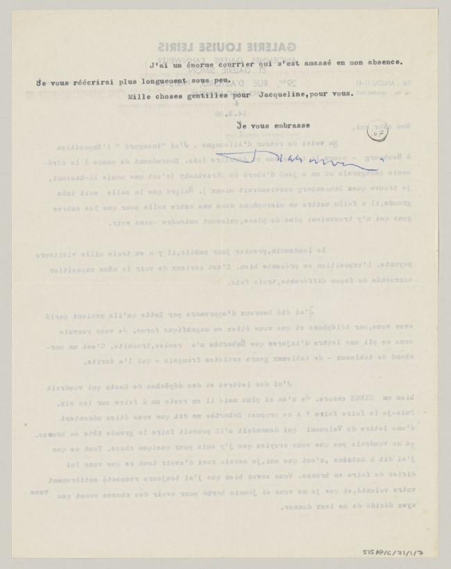 Daniel-Henry Kahnweiler's letter to Pablo Picasso, dated 14 March 1956