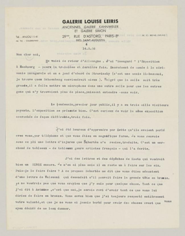 Daniel-Henry Kahnweiler's letter to Pablo Picasso, dated 14 March 1956