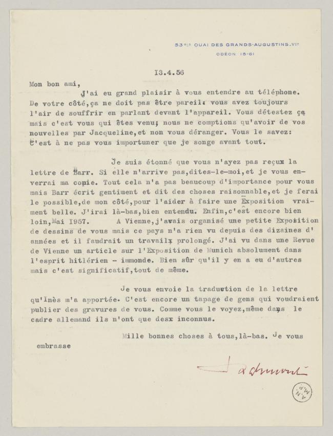 Carta de Daniel-Henry Kahnweiler a Pablo Picasso del 13 de abril de 1956