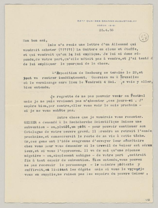 Carta de Daniel-Henry Kahnweiler a Pablo Picasso del 25 de abril de 1956