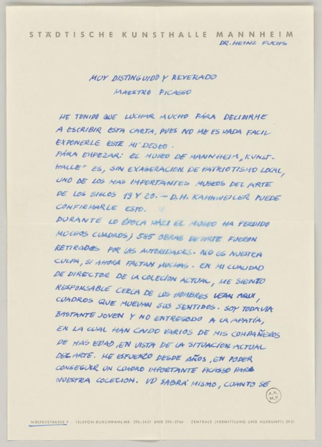 Carta de Heinz Fuchs a Pablo Picasso