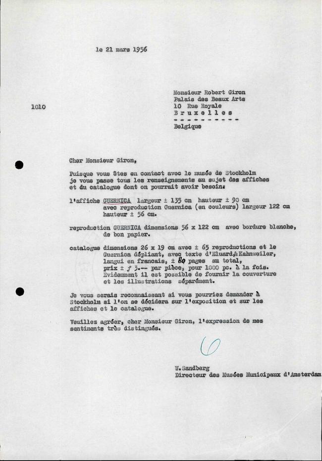 Carta de Willem Sandberg a Robert Giron del 21 de marzo de 1956