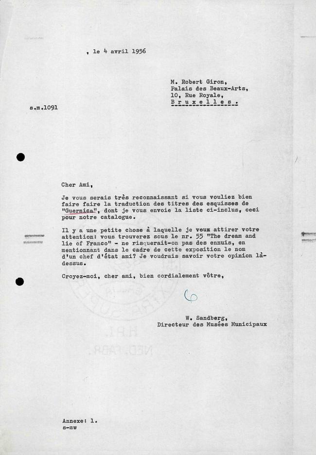 Carta de Willem Sandberg a Robert Giron del 4 de abril de 1956