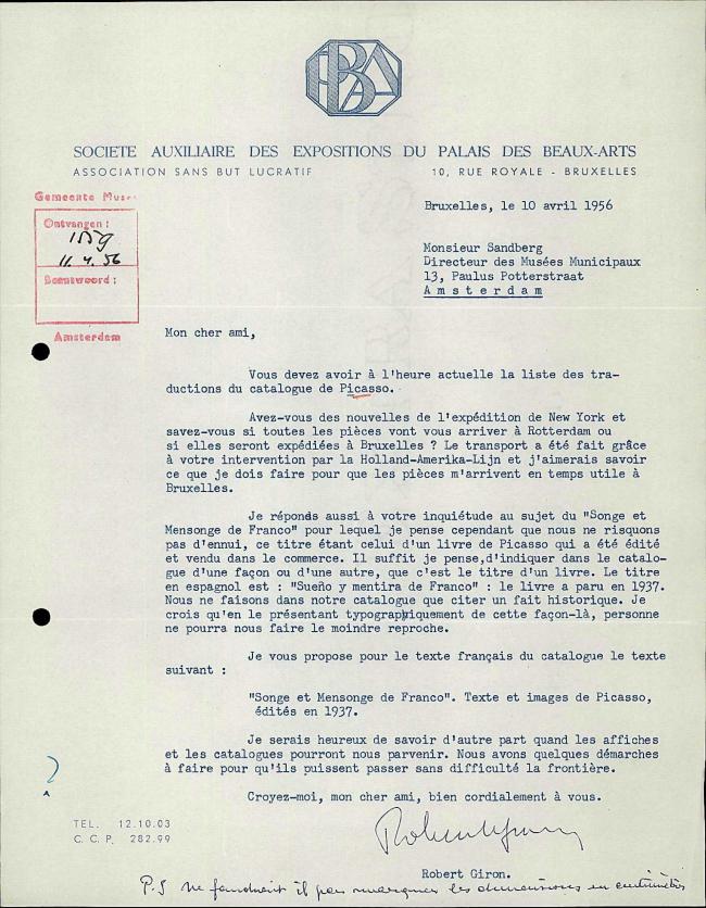 Carta de Robert Giron a Willem Sandberg del 10 de abril de 1956