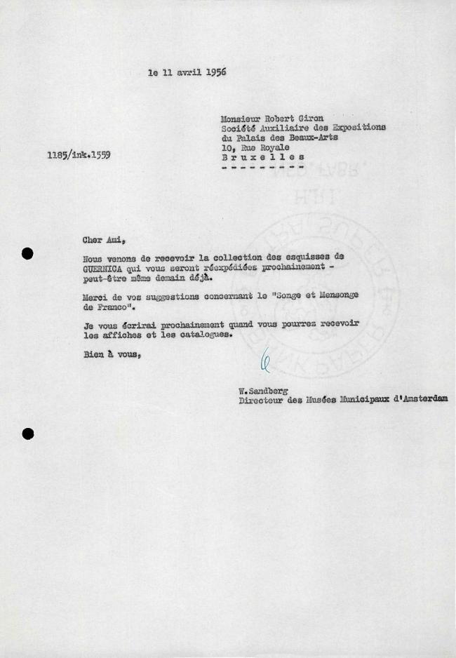 Carta de Willem Sandberg a Robert Giron del 11 de abril de 1956