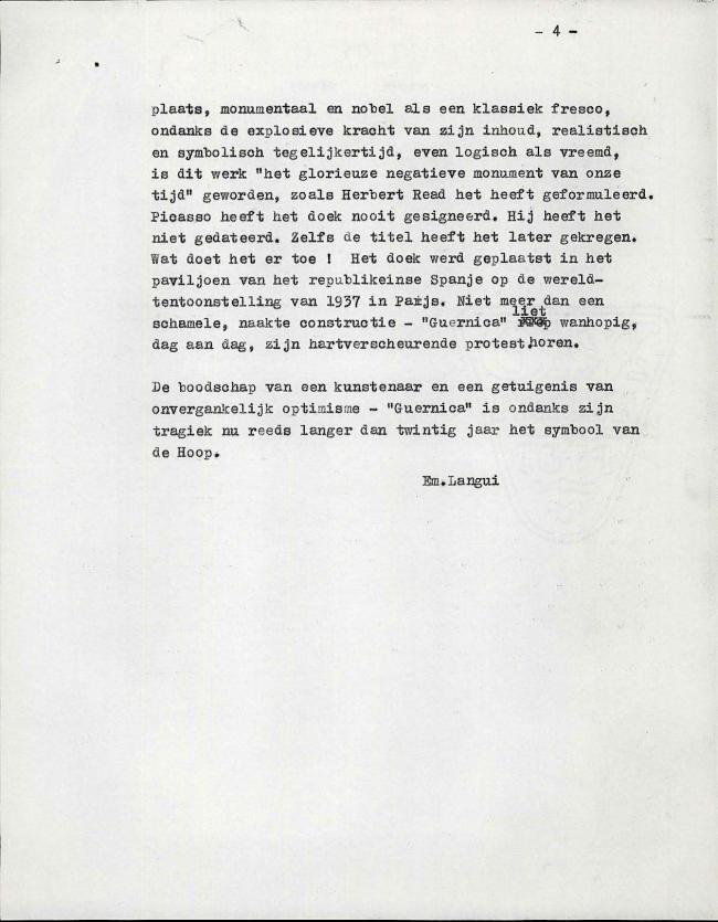 Texto de Emil Langui para el catálogo de la exposición Guernica, avec 60 études