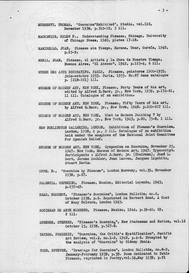 Bibliografía del libro escrito por Alfred H. Barr, Picasso: Fifty Years of his Art