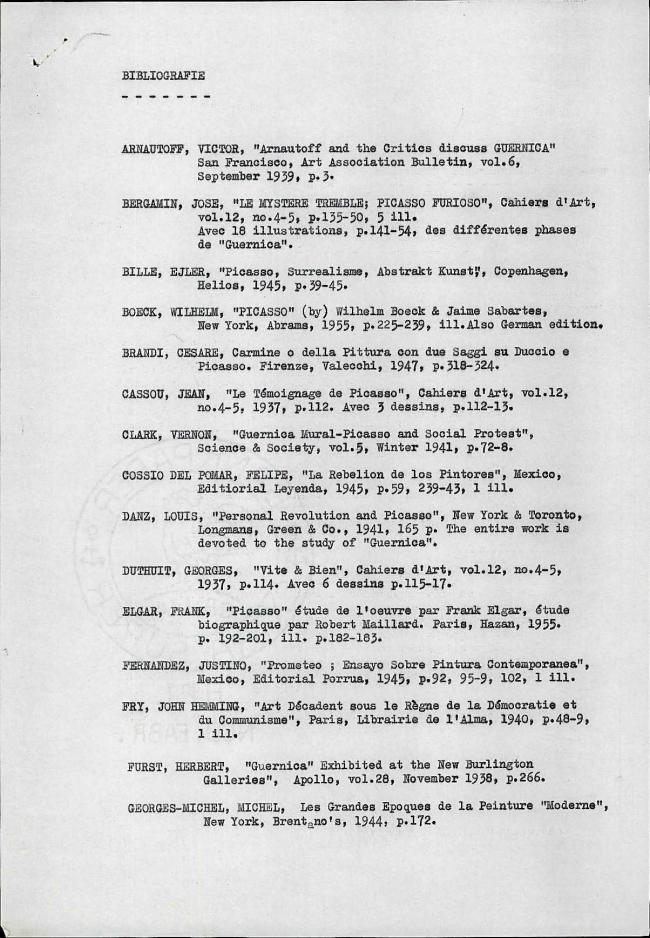 Bibliografía del libro escrito por Alfred H. Barr, Picasso: Fifty Years of his Art