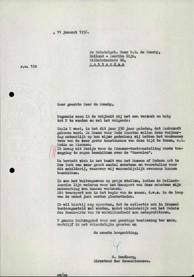 Carta de Willem Sandberg a Holland-Amerika Lijn del 11 de enero de 1956