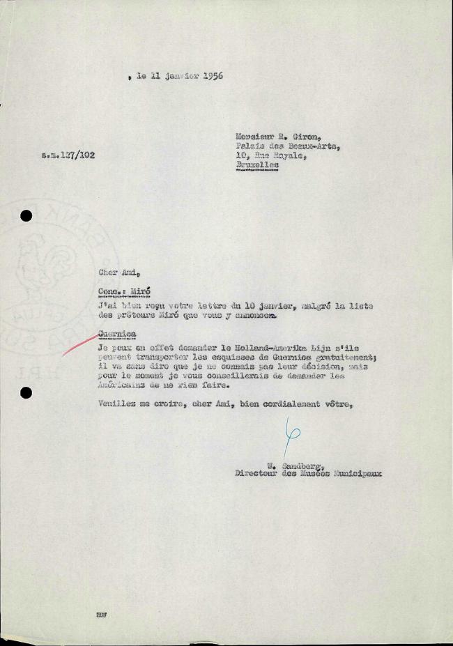 Carta de Willem Sandberg a Robert Giron del 11 de enero de 1956