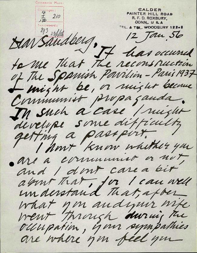 Carta de Alexander Calder a Willem Sandberg del 12 de enero de 1956