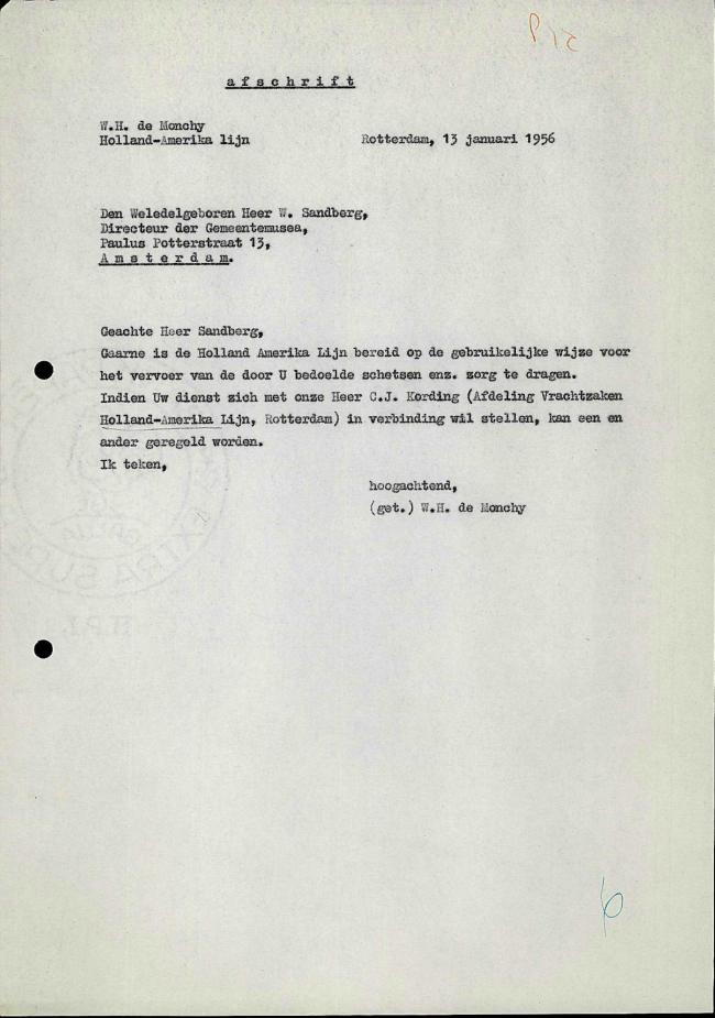 Carta de Holland-Amerika Lijn a Willem Sandberg del 13 de enero de 1956