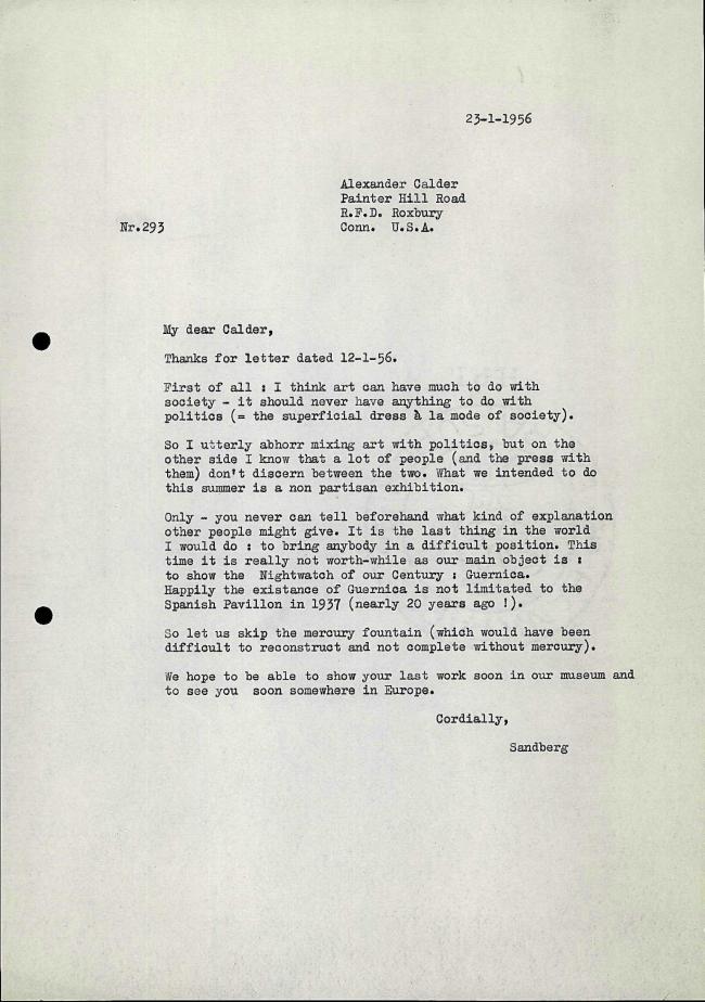 Carta de Willem Sandberg a Alexander Calder del 23 de enero de 1956
