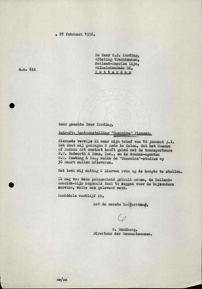 Carta de Willem Sandberg a Holland-Amerika Lijn del 21 de febrero de 1956