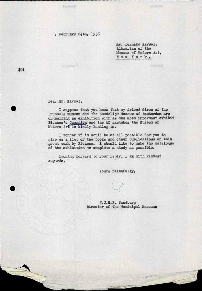 Carta de Willem Sandberg a Bernard Karpel del 24 de febrero de 1956