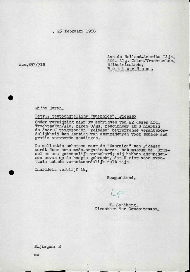 Carta de Willem Sandberg a Holland-Amerika Lijn del 25 de febrero de 1956