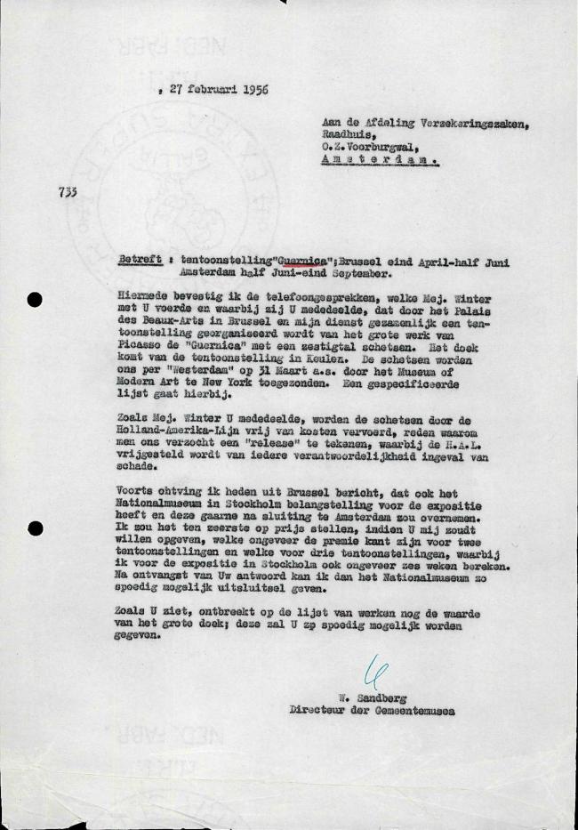 Carta de Willem Sandberg al Ayuntamiento de Ámsterdam del 27 de febrero de 1956