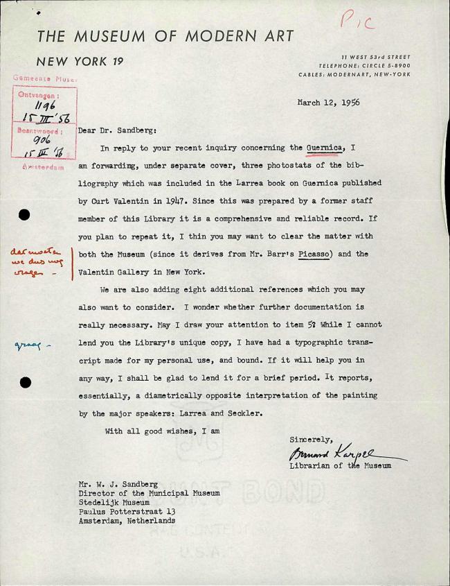 Carta de Bernard Karpel a Willem Sandberg