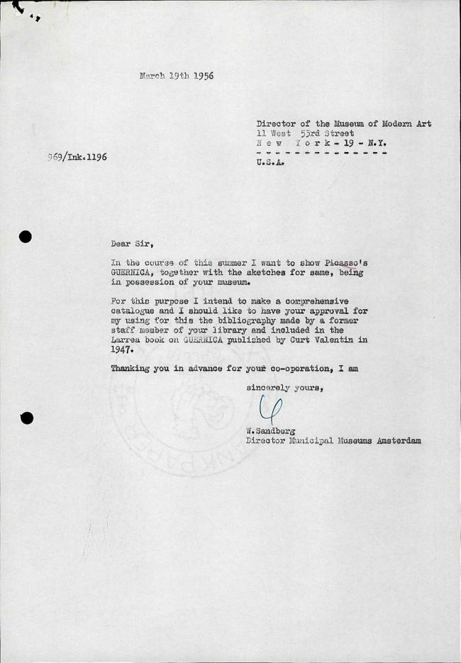 Carta de Willem Sandberg a René d'Harnoncourt